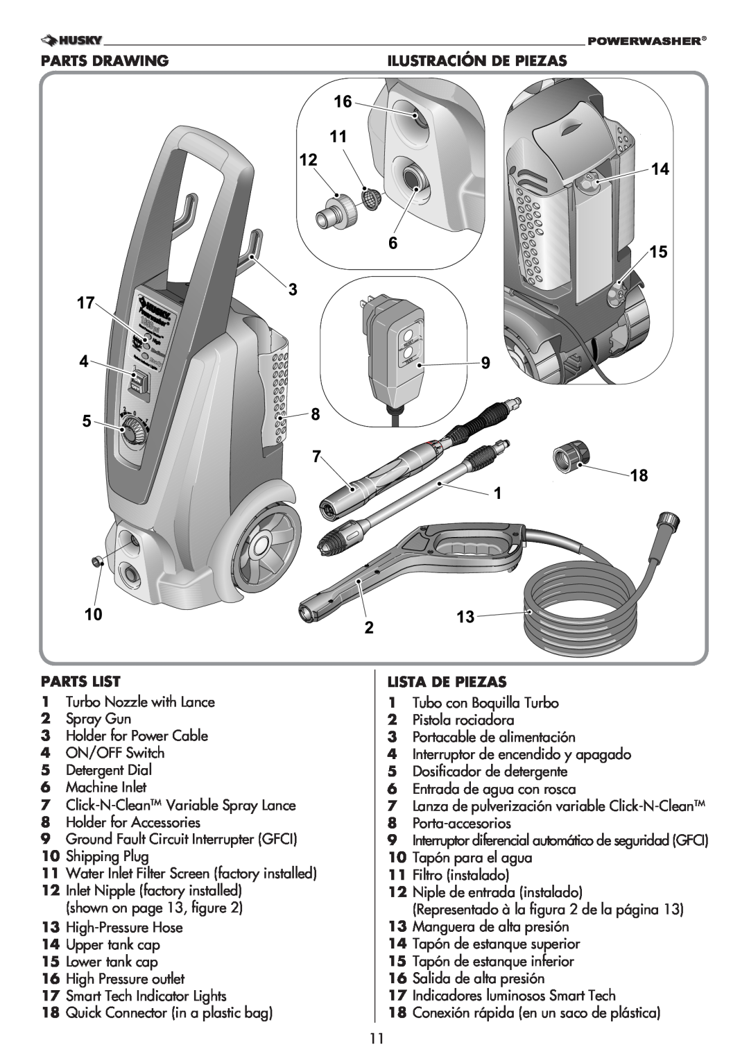 Husky 1800PSI warranty Parts Drawing Parts List, Ilustración De Piezas Lista De Piezas 
