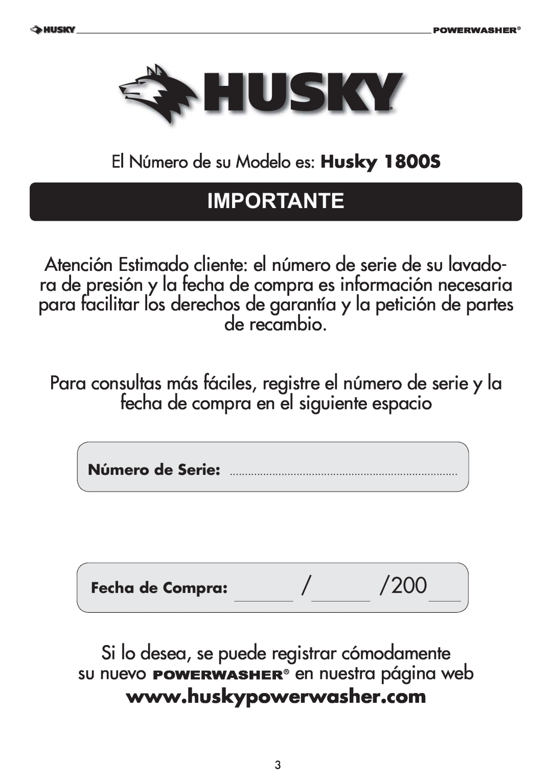 Husky 1800PSI warranty Importante 