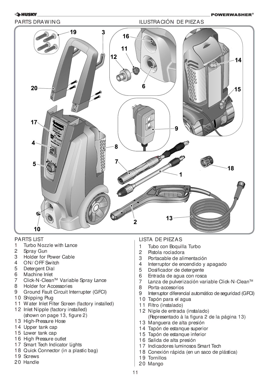 Husky 2000PSI warranty Parts Drawing Parts List, Ilustración DE Piezas Lista DE Piezas 