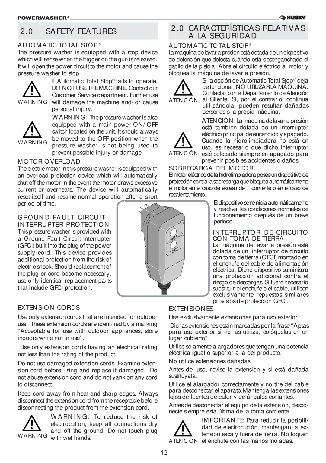 Husky 2000PSI warranty Safety Features, Características Relativas a LA Seguridad 