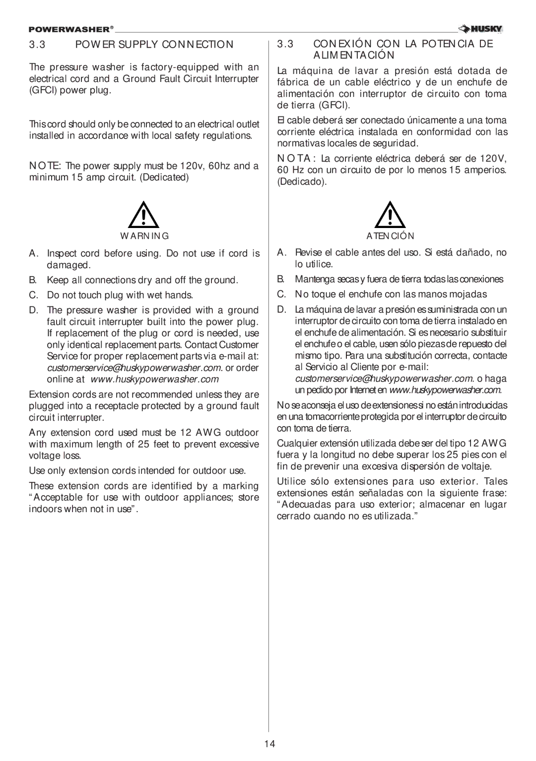 Husky 2000PSI warranty Power Supply Connection, Conexión CON LA Potencia DE Alimentación 