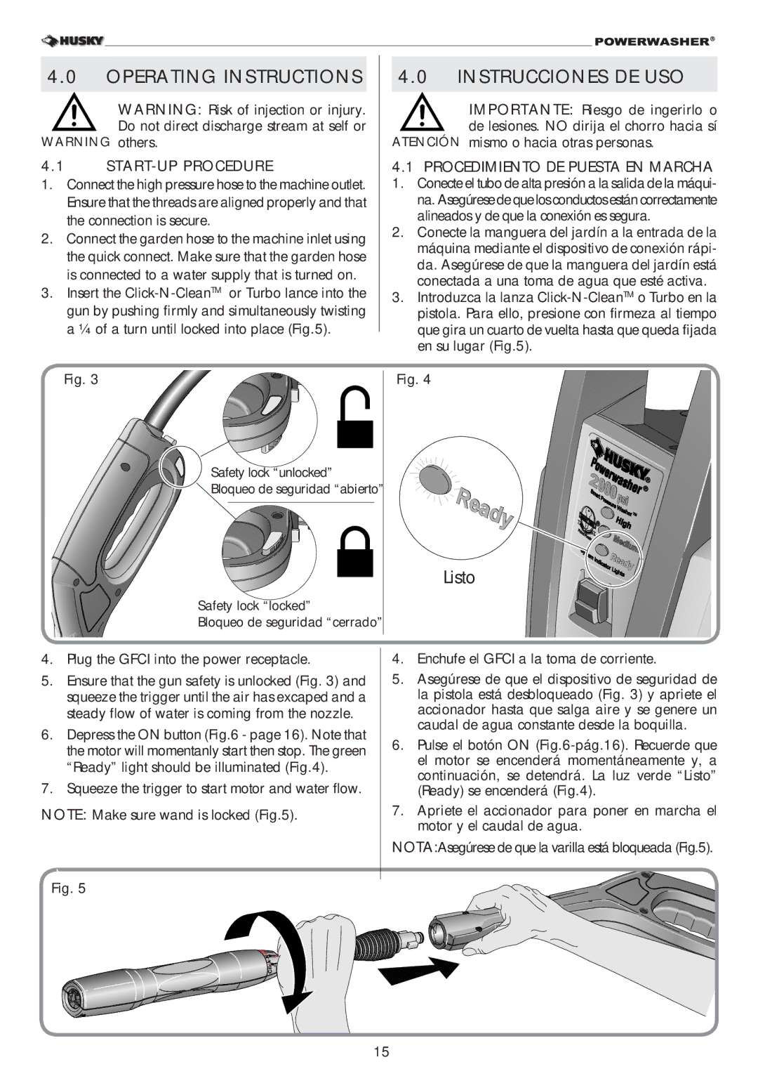 Husky 2000PSI warranty Operating Instructions, Instrucciones DE USO, START-UP Procedure, Procedimiento DE Puesta EN Marcha 