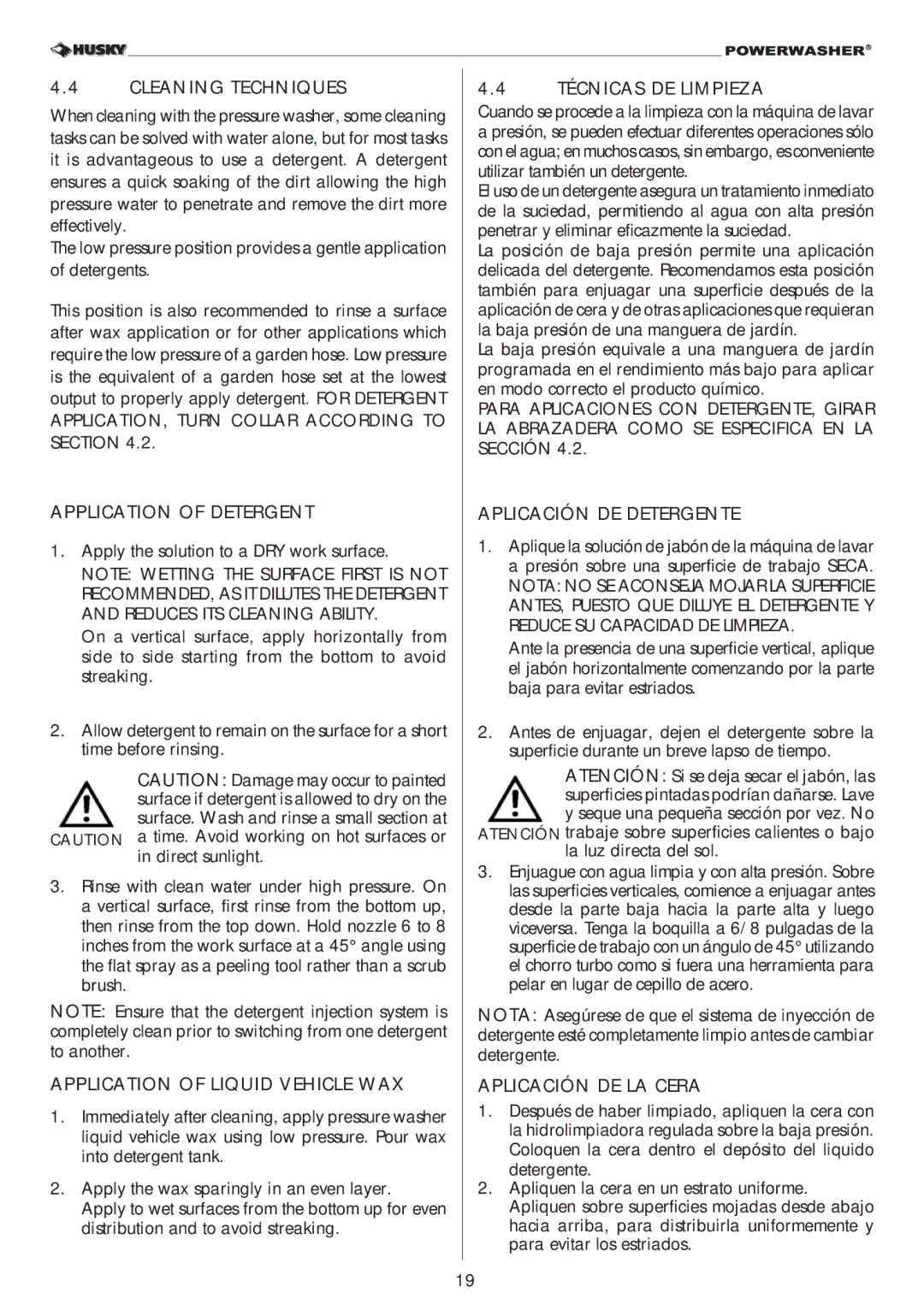 Husky 2000PSI Cleaning Techniques, Application of Detergent, Application of Liquid Vehicle WAX, Técnicas DE Limpieza 