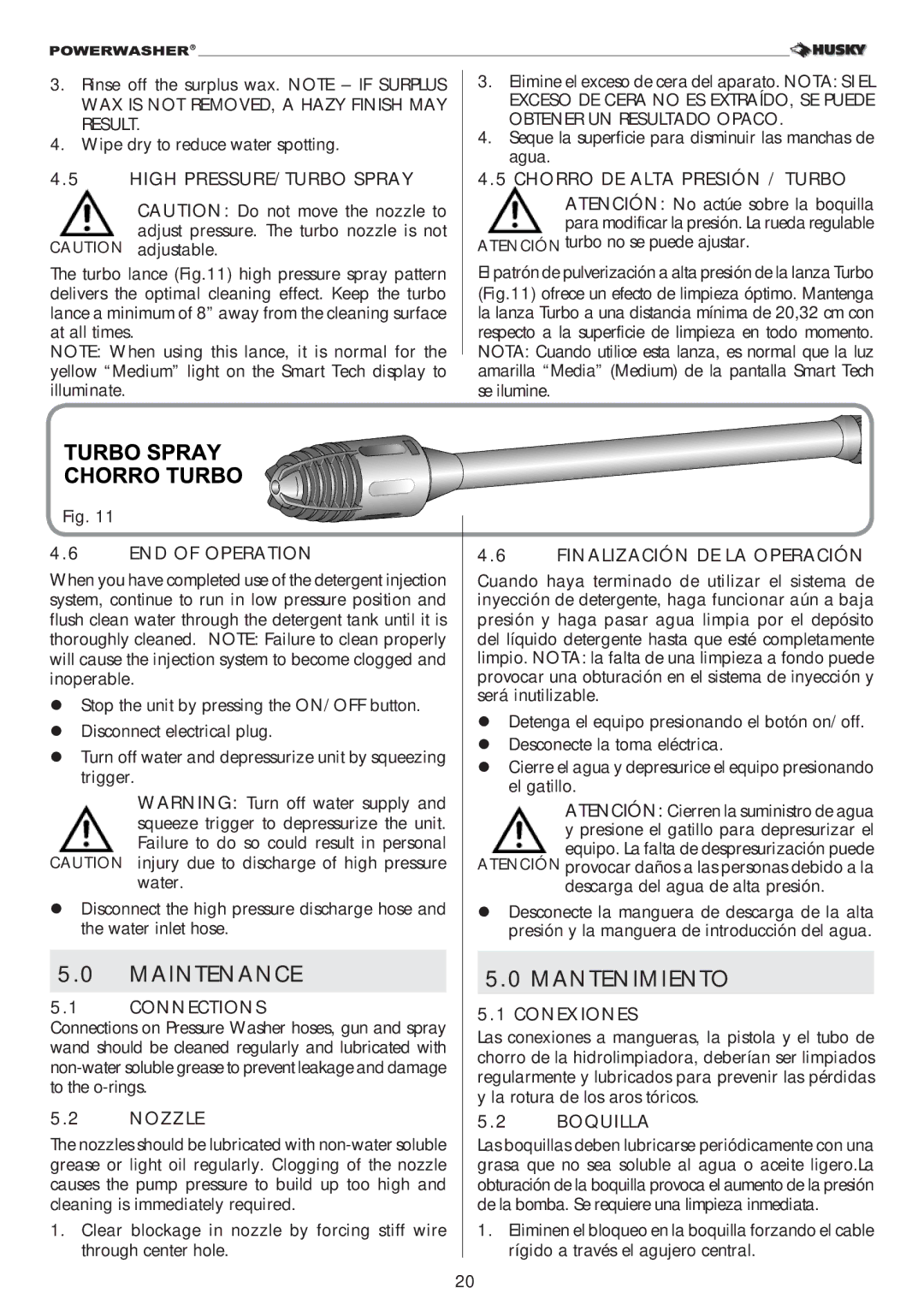 Husky 2000PSI warranty Maintenance, Mantenimiento 