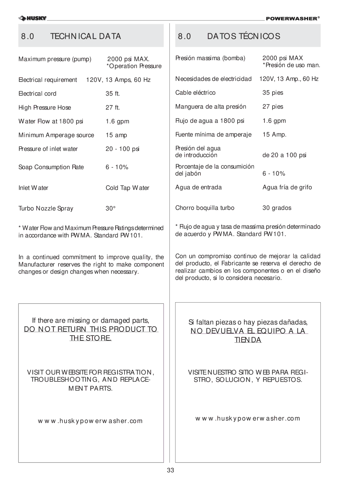 Husky 2000PSI warranty Technical Data, Datos Técnicos 