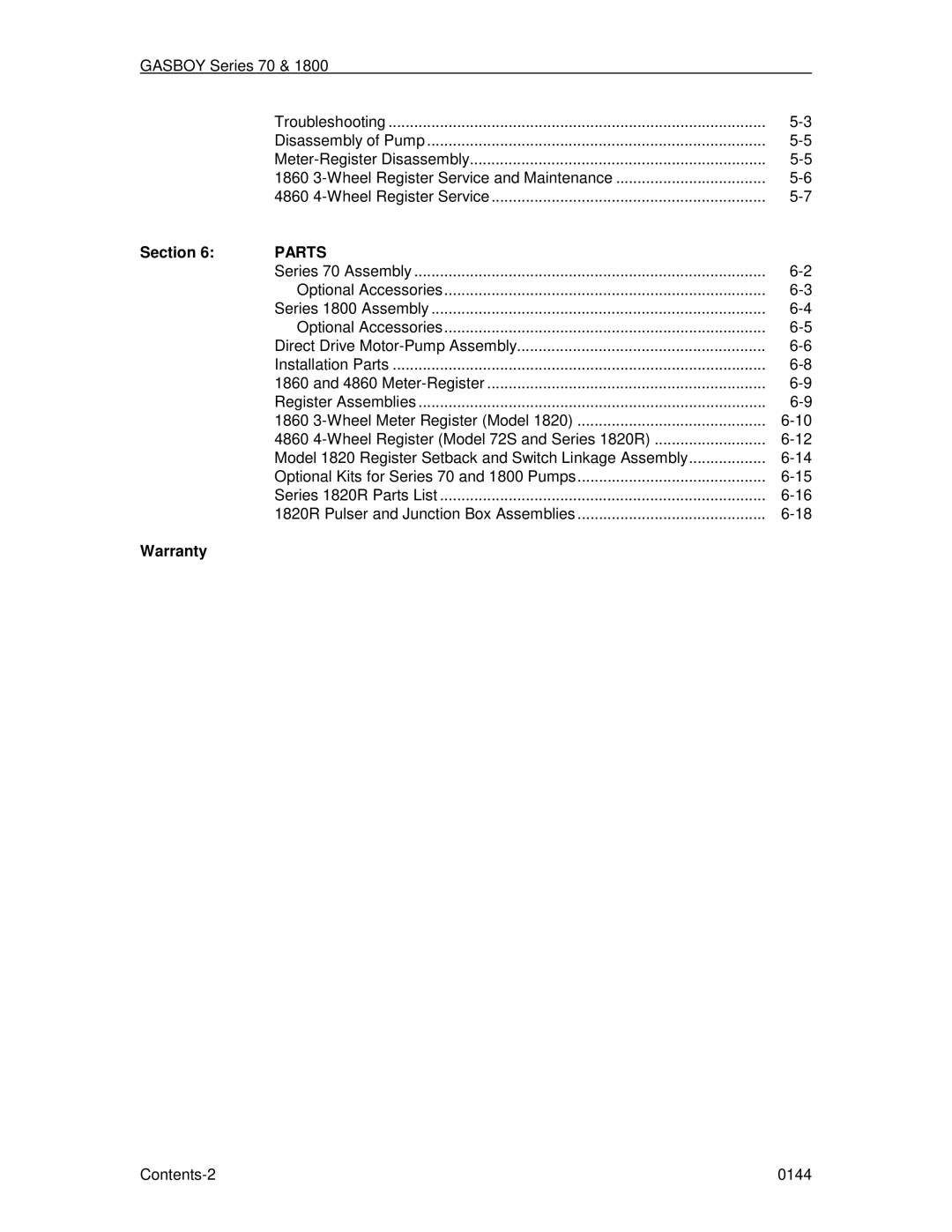 Husky 70 Series, 1800 Series manual Gasboy Series 70, Warranty 