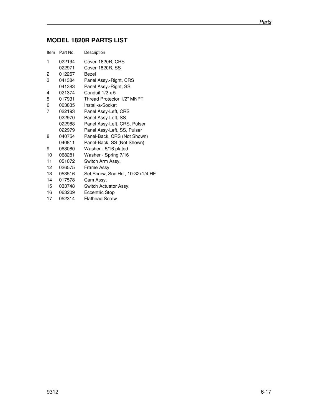 Husky 1800 Series, 70 Series manual Model 1820R Parts List 