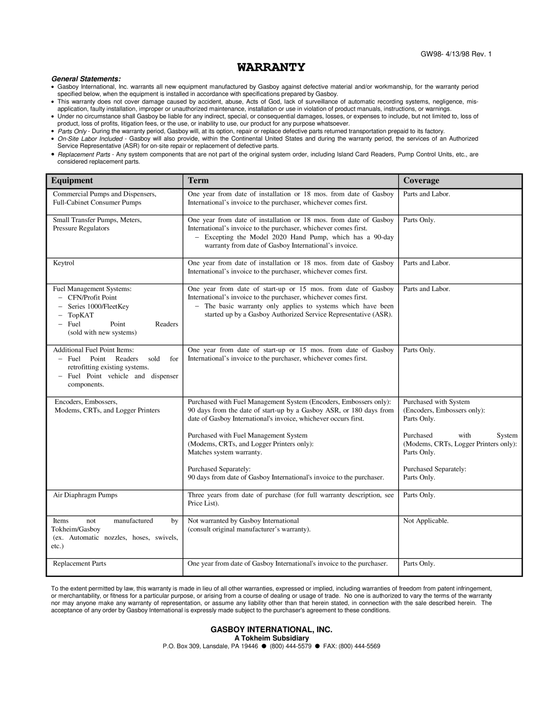 Husky 1800 Series, 70 Series manual Warranty 