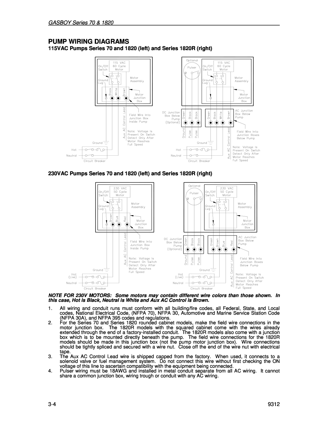 Husky 70 Series, 1800 Series manual Pump Wiring Diagrams, GASBOY Series 