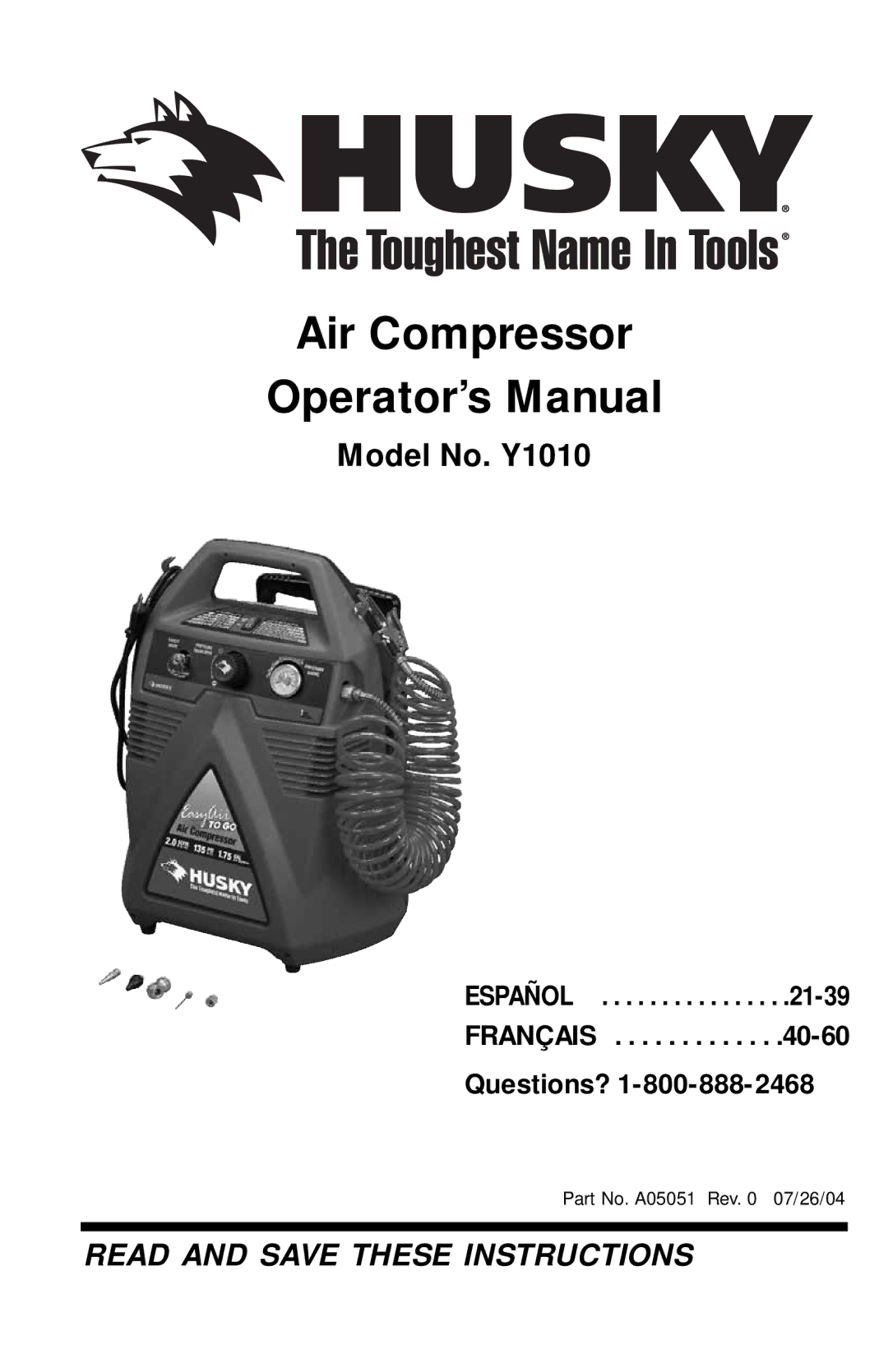 Husky A05051 manual Air Compressor Operator’s Manual 