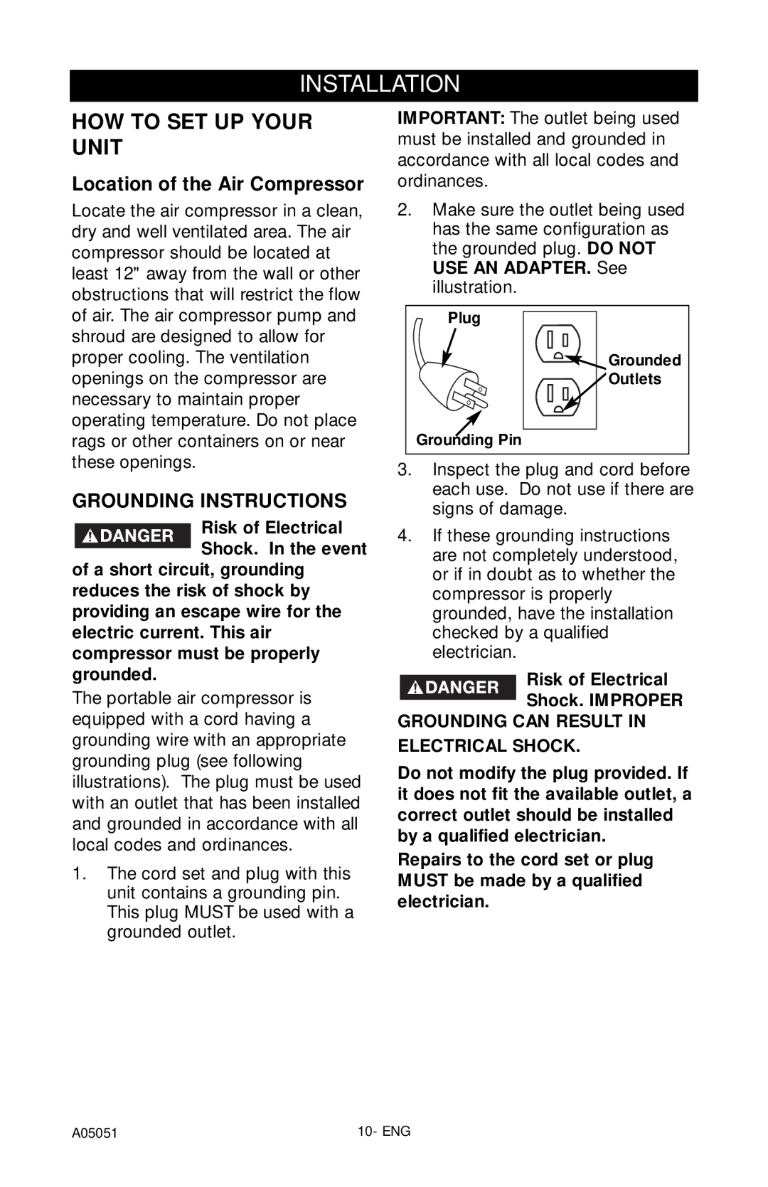 Husky A05051 manual Installation, Location of the Air Compressor, Risk of Electrical Shock. Improper 