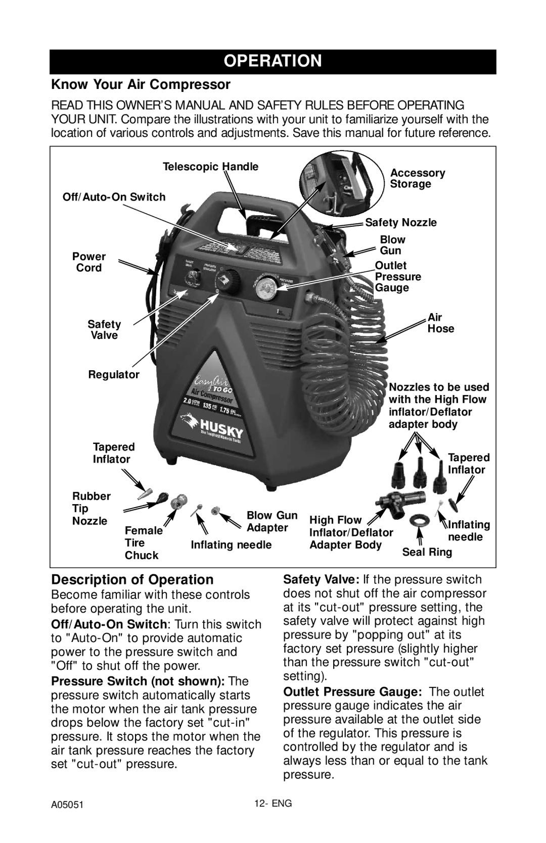 Husky A05051 manual Know Your Air Compressor, Description of Operation 