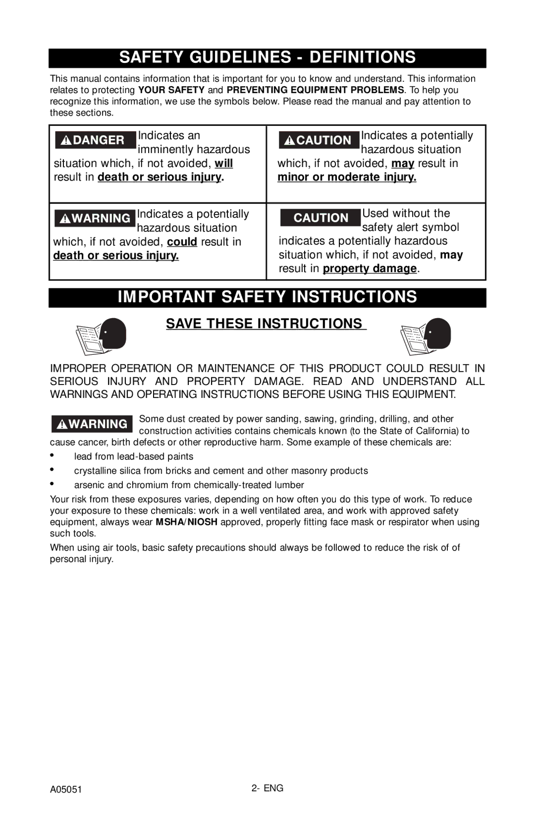 Husky A05051 manual Safety Guidelines Definitions, Important Safety Instructions, Death or serious injury 