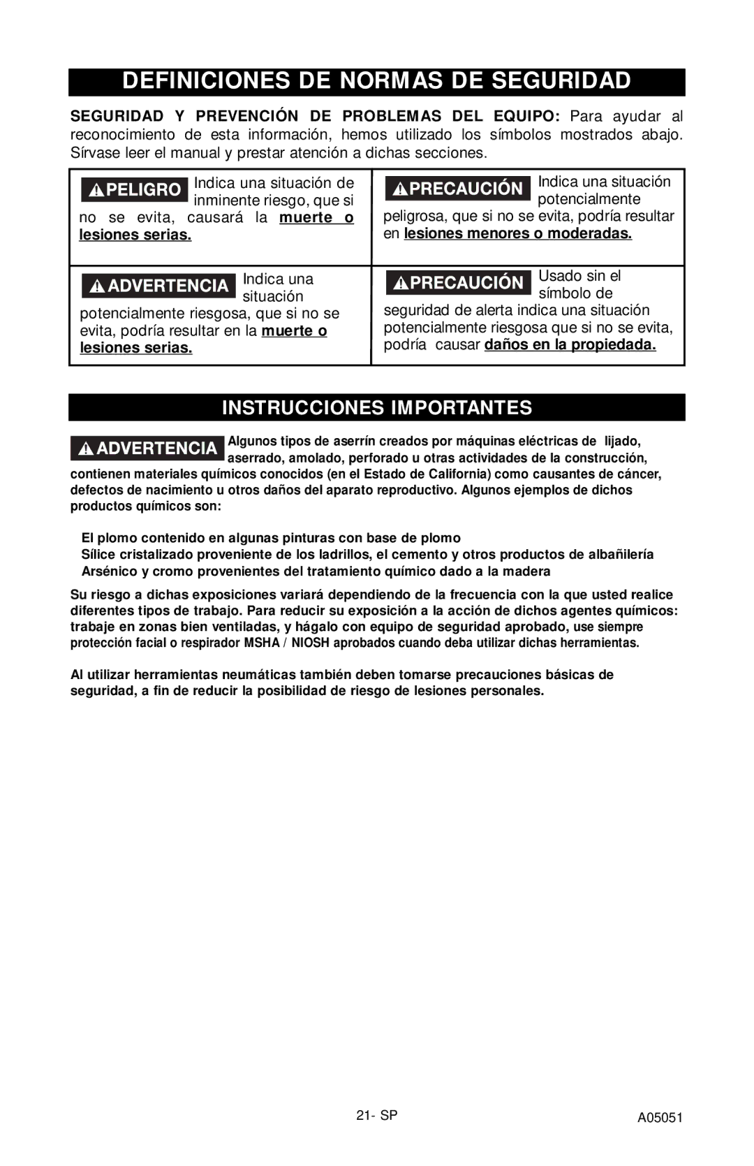 Husky A05051 manual Definiciones DE Normas DE Seguridad, Lesiones serias 