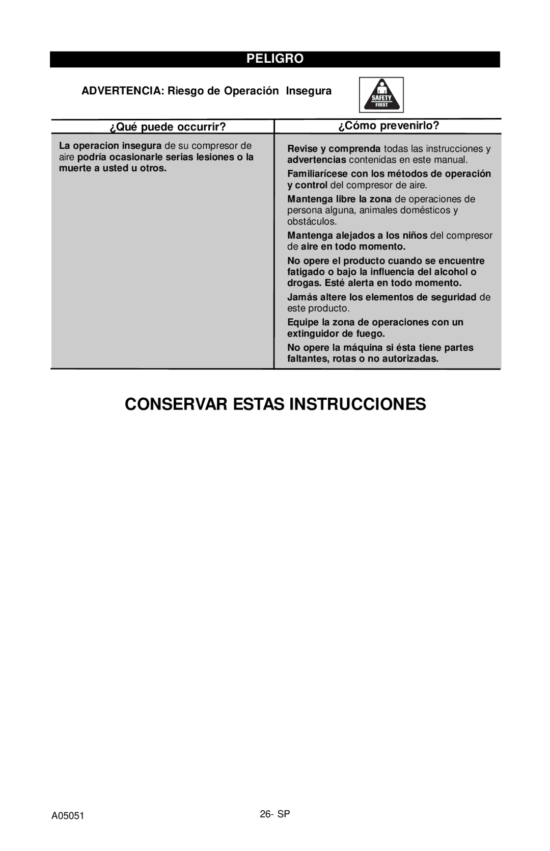 Husky A05051 manual Conservar Estas Instrucciones 