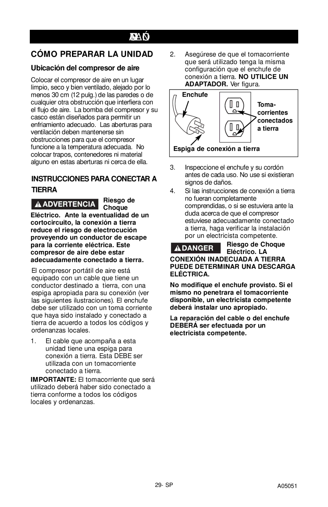 Husky A05051 Instalación, Ubicación del compresor de aire, Riesgo de Choque, Enchufe Toma, Espiga de conexión a tierra 
