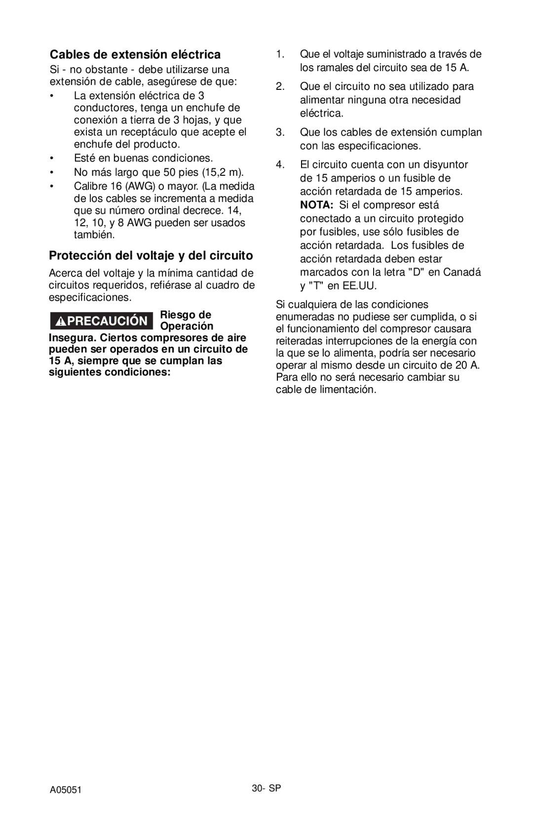 Husky A05051 manual Cables de extensión eléctrica, Protección del voltaje y del circuito, Riesgo de Operación 