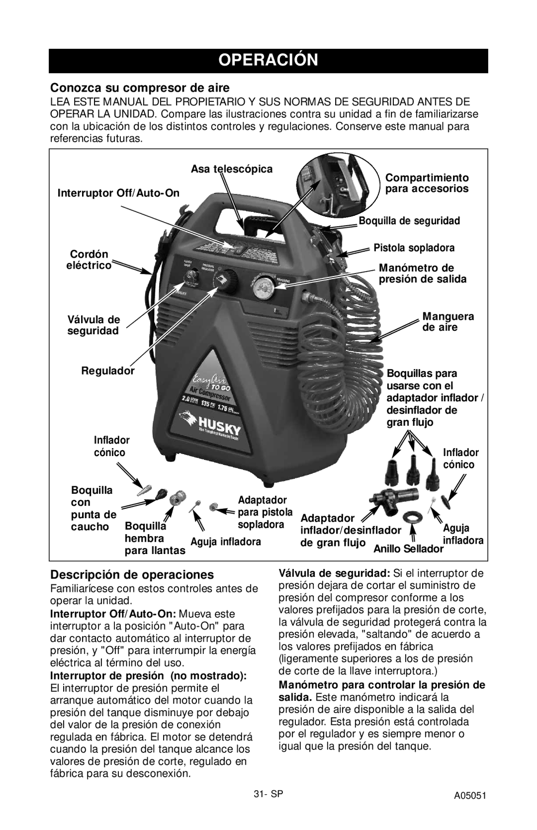 Husky A05051 manual Operación, Conozca su compresor de aire, Descripción de operaciones 