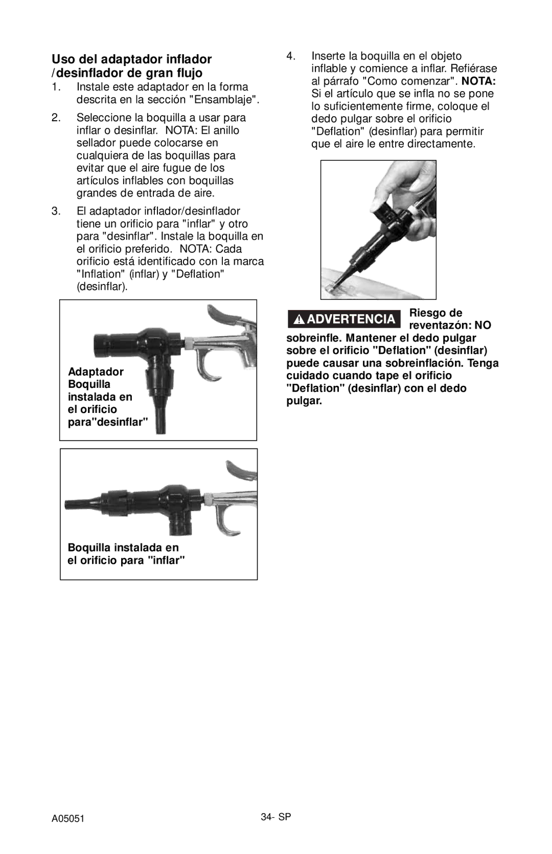 Husky A05051 manual Uso del adaptador inflador /desinflador de gran flujo 