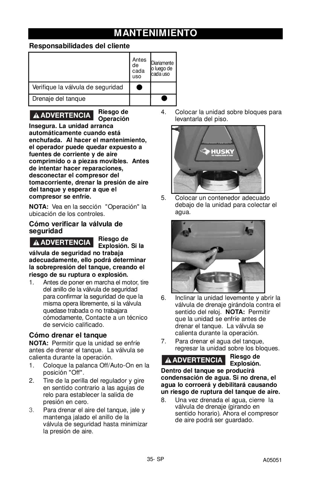 Husky A05051 Mantenimiento, Responsabilidades del cliente, Cómo verificar la válvula de seguridad, Cómo drenar el tanque 