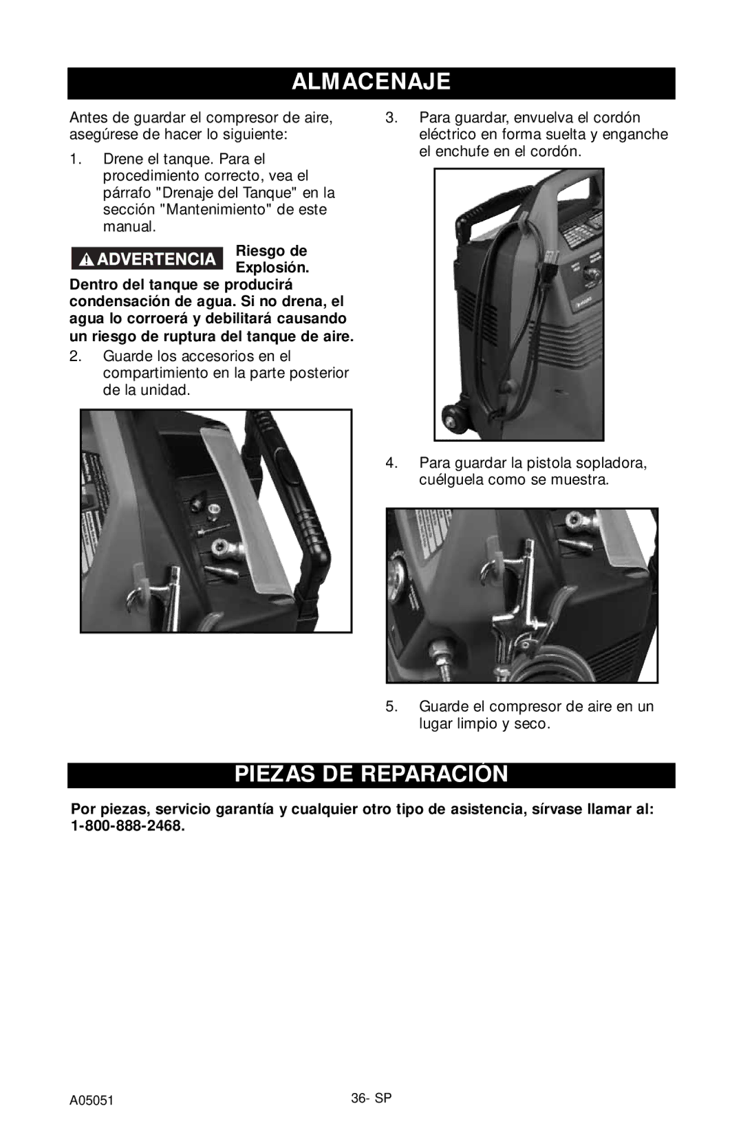 Husky A05051 manual Almacenaje, Piezas DE Reparación 