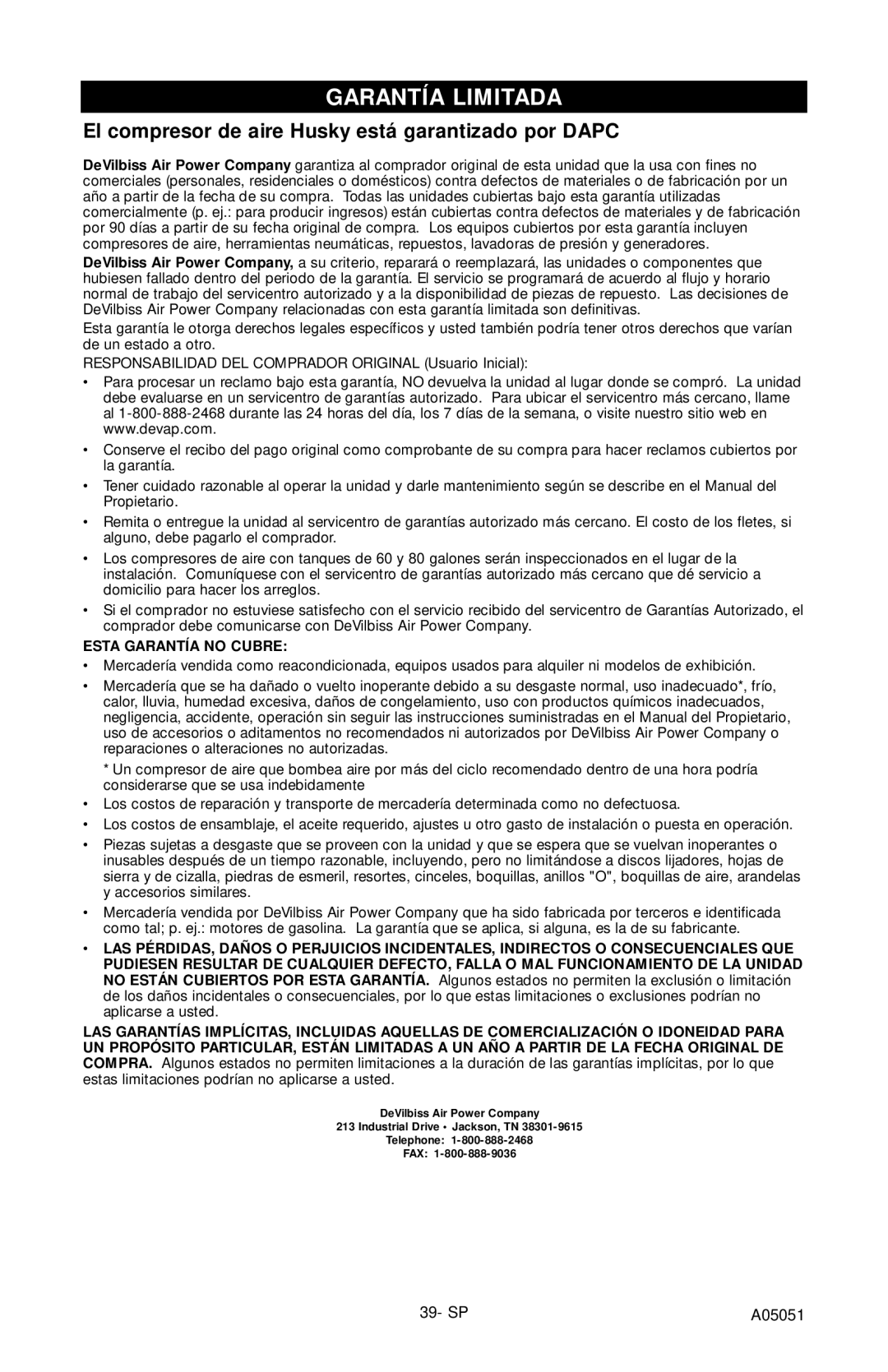 Husky A05051 manual Garantía Limitada, El compresor de aire Husky está garantizado por Dapc 