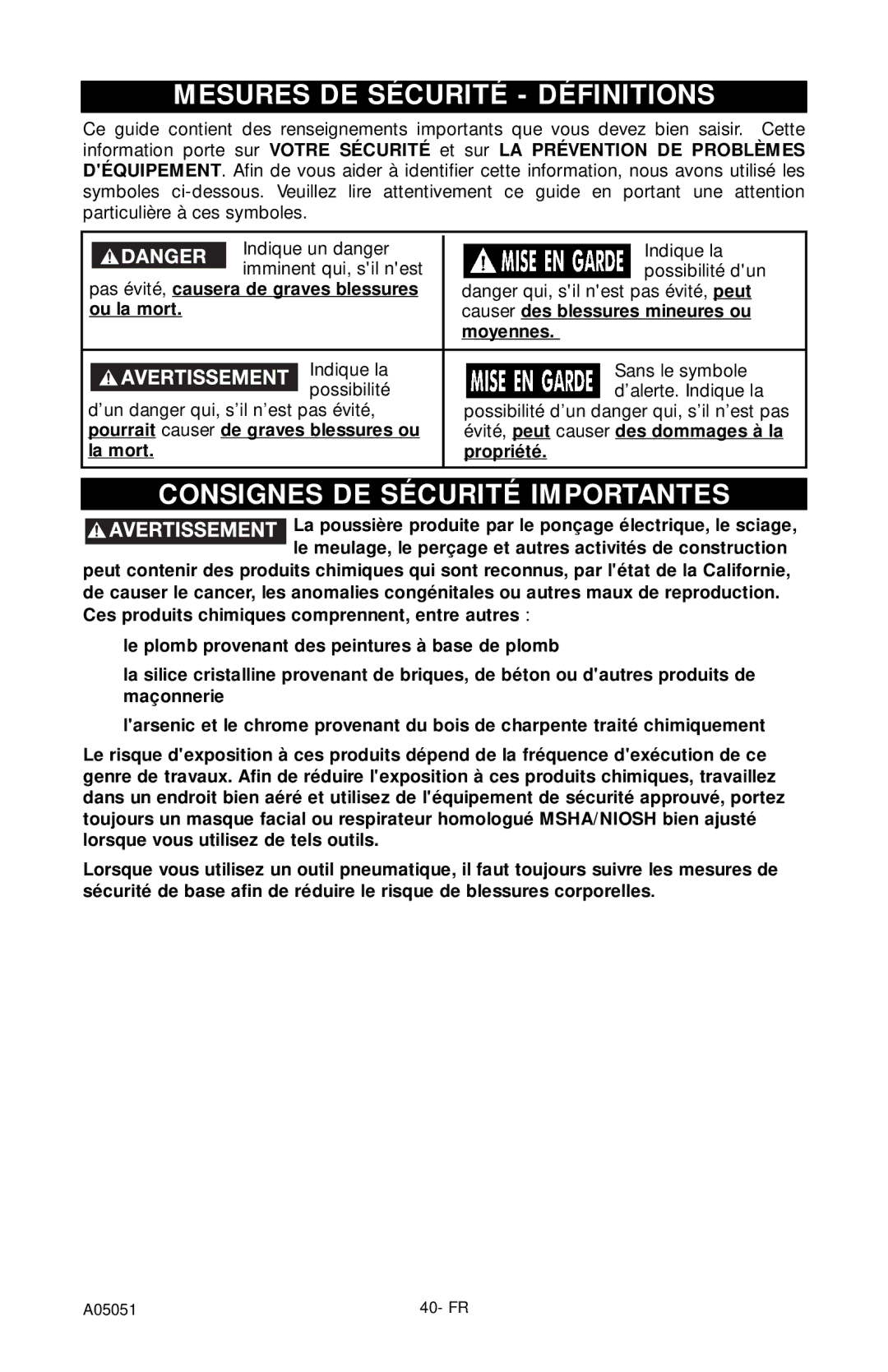 Husky A05051 Mesures DE Sécurité Définitions, Consignes DE Sécurité Importantes, Évité, peut causer des dommages à la 