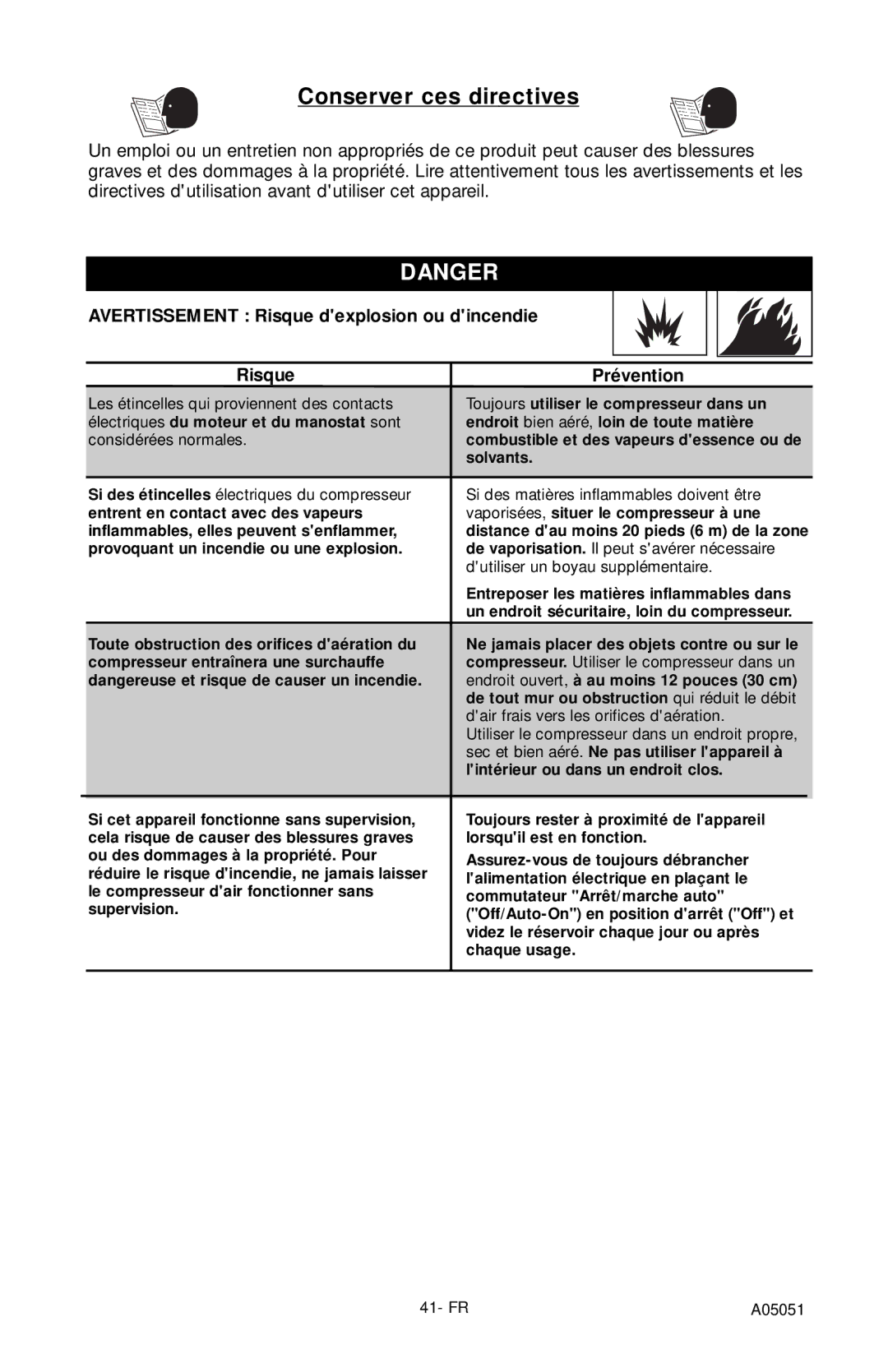 Husky A05051 manual Conserver ces directives, Avertissement Risque dexplosion ou dincendie Prévention 