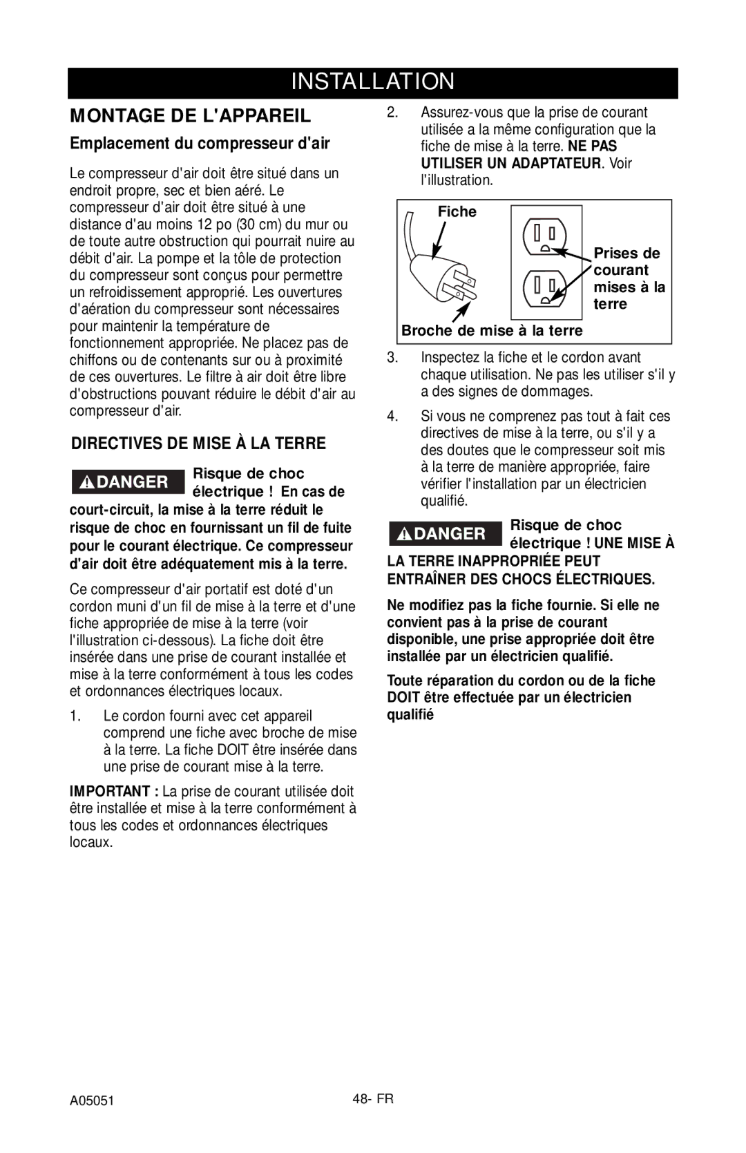 Husky A05051 manual Montage DE Lappareil, Emplacement du compresseur dair 