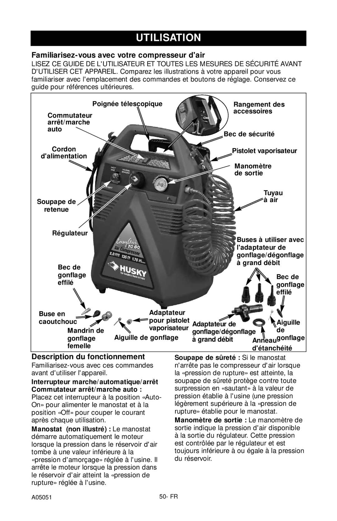 Husky A05051 manual Utilisation, Familiarisez-vous avec votre compresseur dair, Description du fonctionnement 