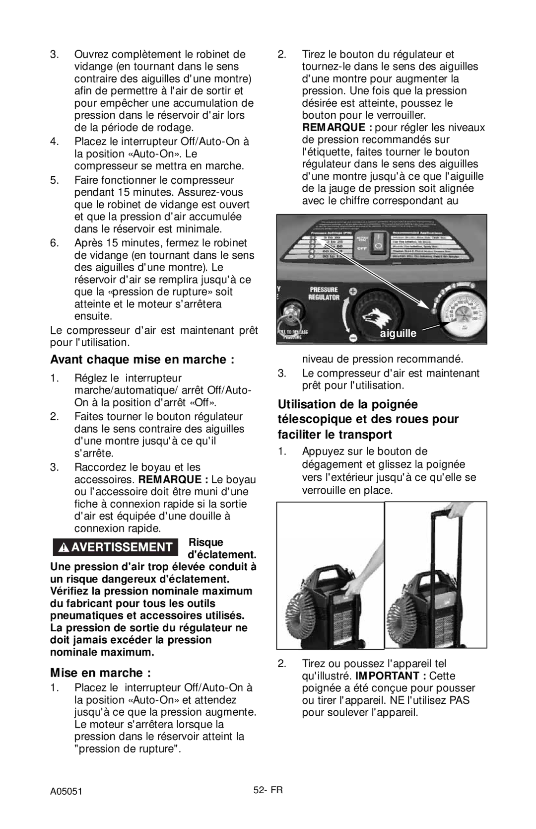 Husky A05051 manual Avant chaque mise en marche, Mise en marche 