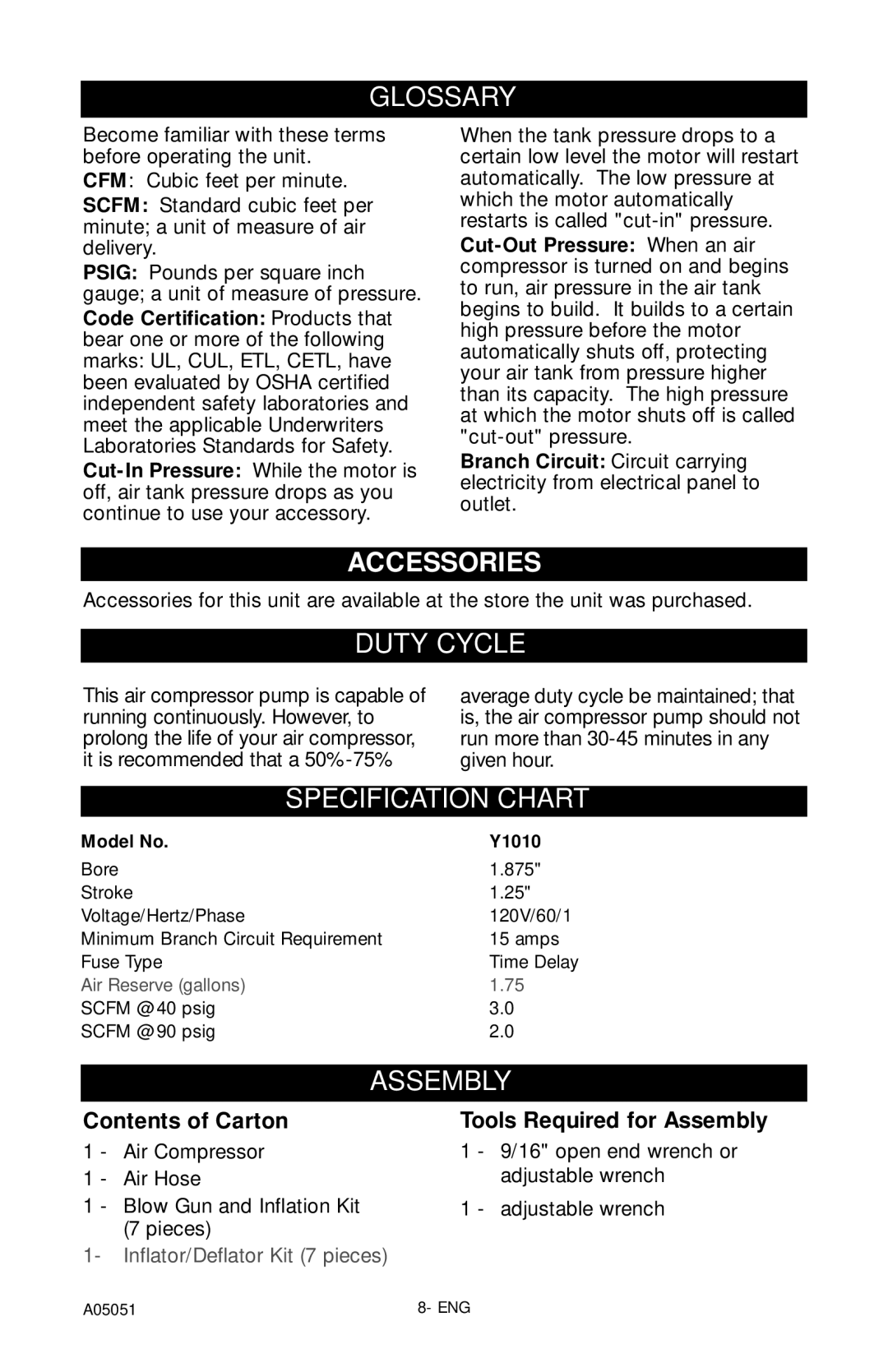 Husky A05051 manual Glossary, Accessories, Duty Cycle, Specification Chart, Assembly 