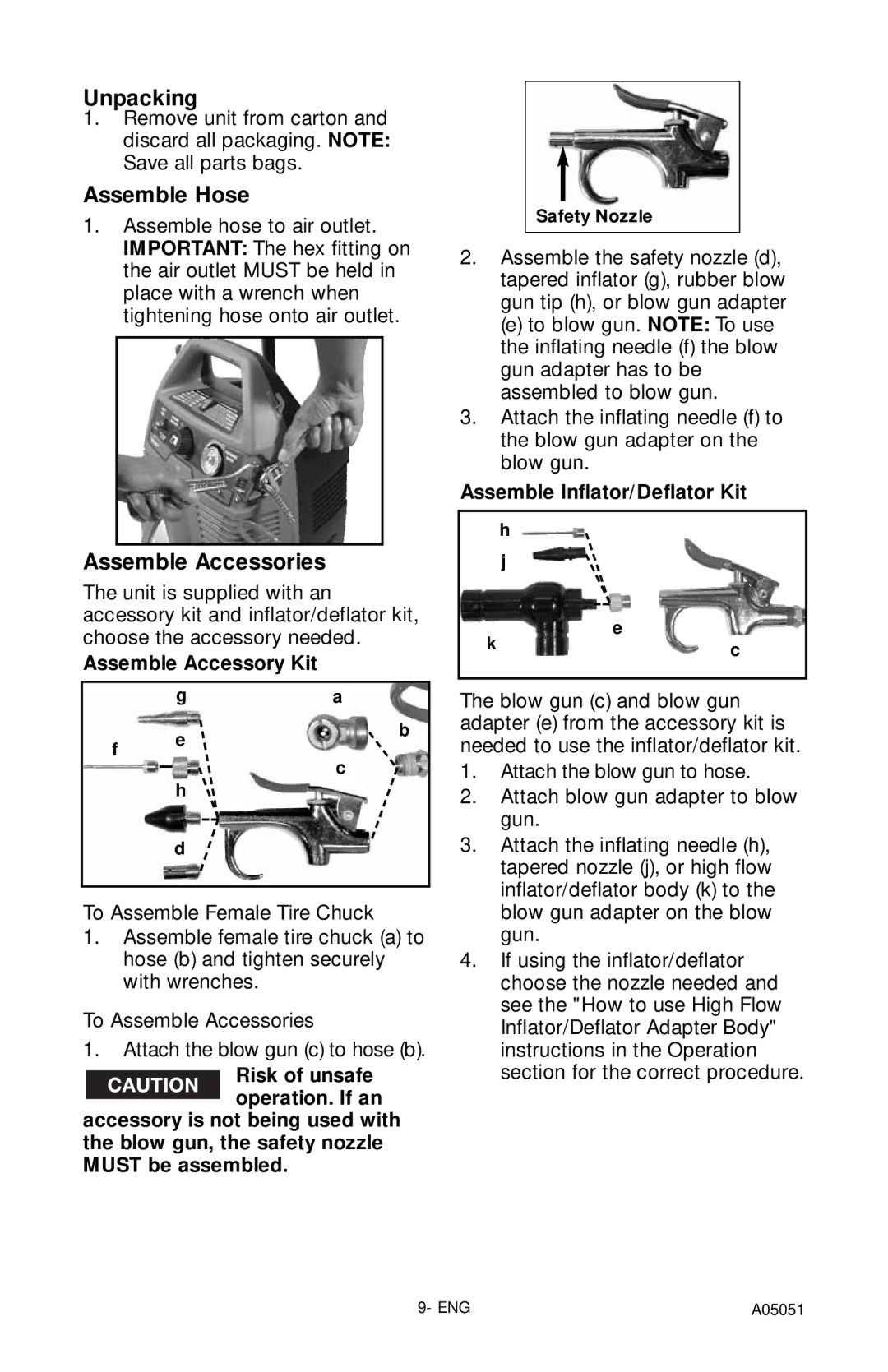 Husky A05051 manual Unpacking, Assemble Hose, Assemble Accessories, Assemble Accessory Kit, Assemble Inflator/Deflator Kit 