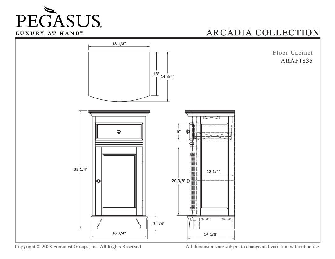 Husky ARAF1835, ARAM2431, ARAC2427, ARAA3134-H, ARAA3734-H, ARAA2534 dimensions Floor Cabinet, Arcadia Collection 