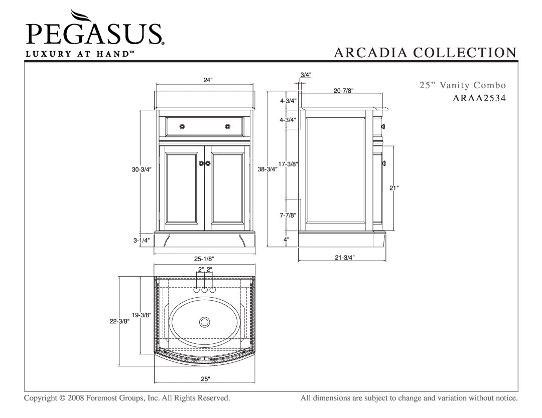 Husky ARAF1835, ARAM2431, ARAC2427, ARAA3134-H, ARAA3734-H dimensions Arcadia Collection, 25” Vanity Combo, ARAA2534 