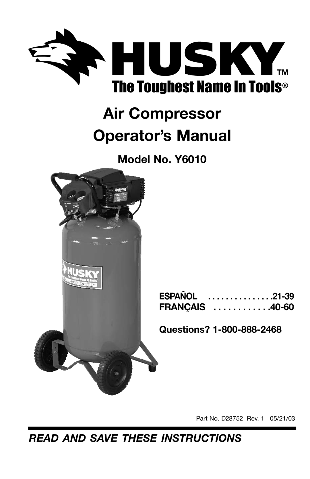 Husky D28752 manual Air Compressor Operator’s Manual 