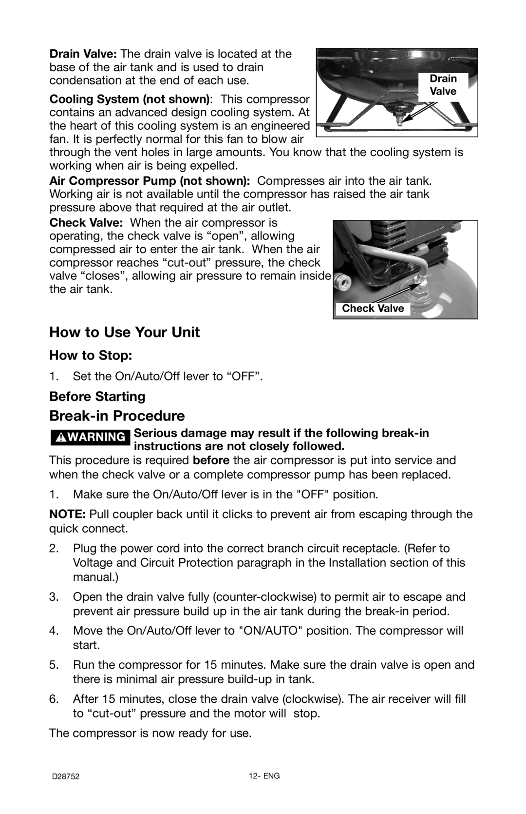 Husky D28752 manual How to Stop, Before Starting, Cooling System not shown This compressor, Check Valve 
