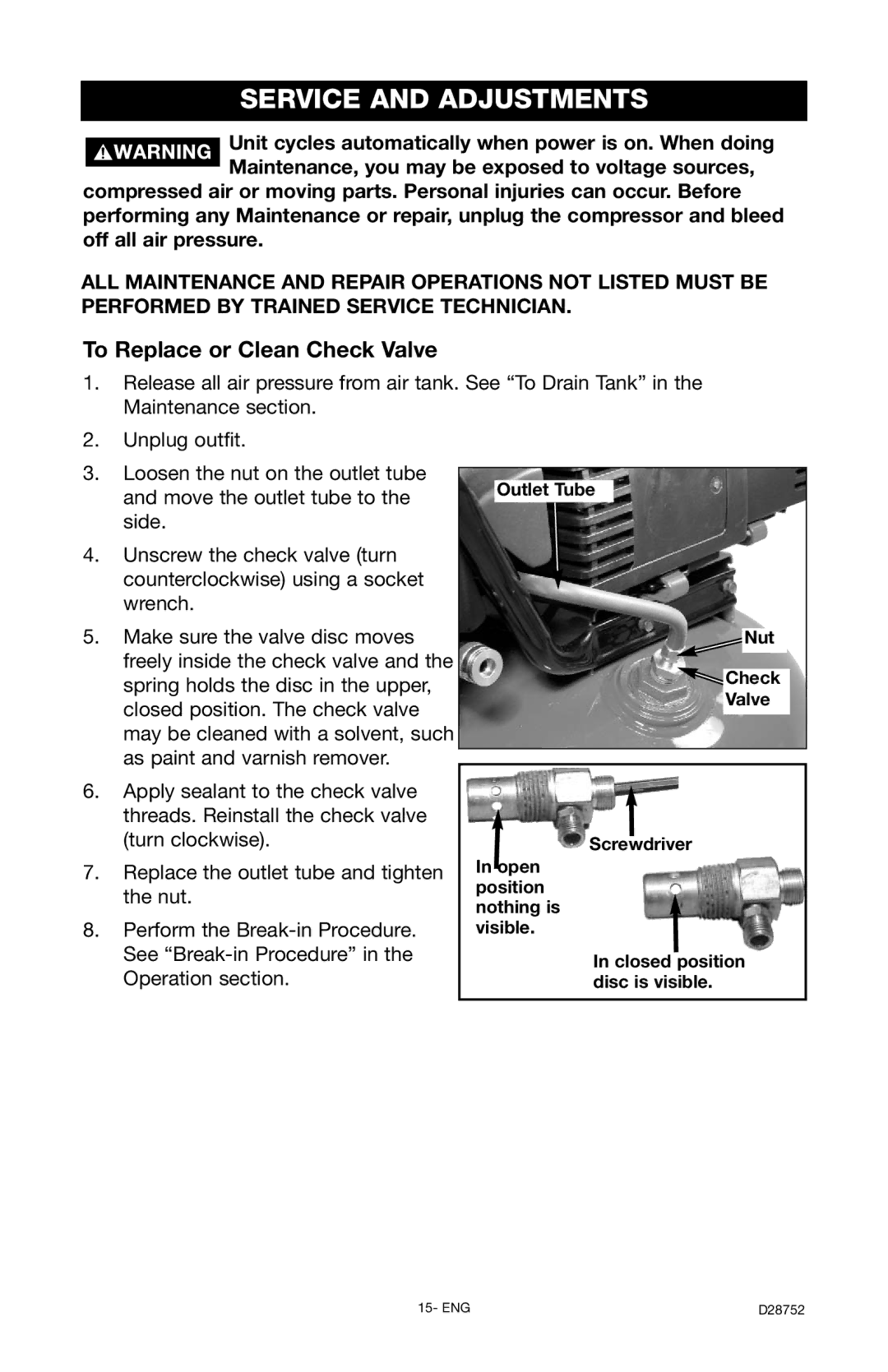 Husky D28752 manual Service and Adjustments, To Replace or Clean Check Valve 