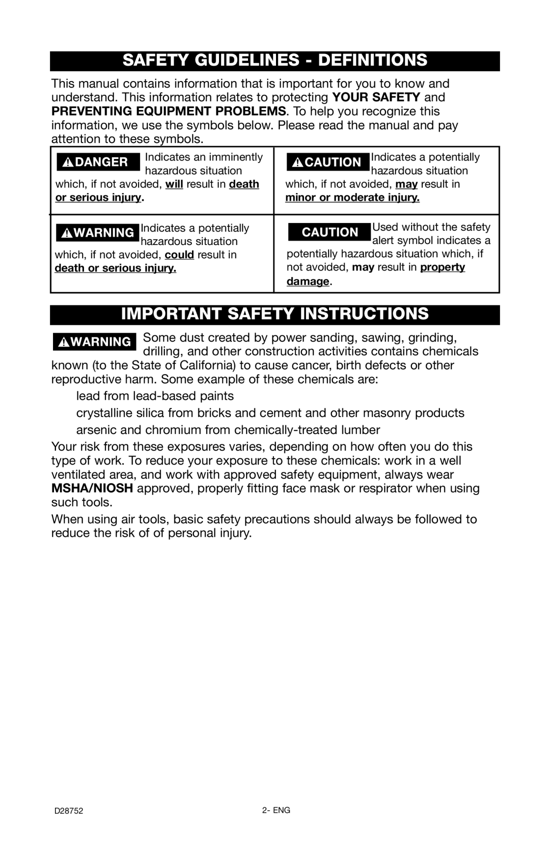 Husky D28752 Safety Guidelines Definitions, Important Safety Instructions, Or serious injury Minor or moderate injury 