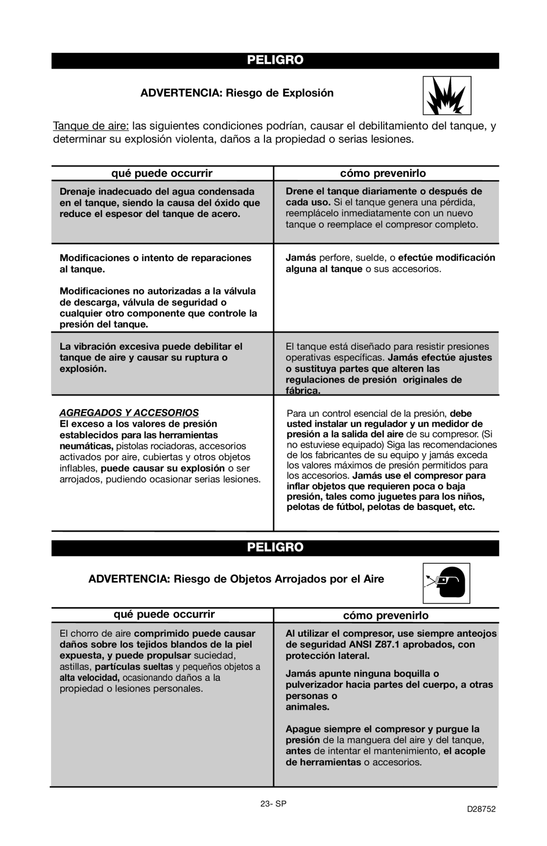 Husky D28752 manual Advertencia Riesgo de Explosión, Qué puede occurrir Cómo prevenirlo 