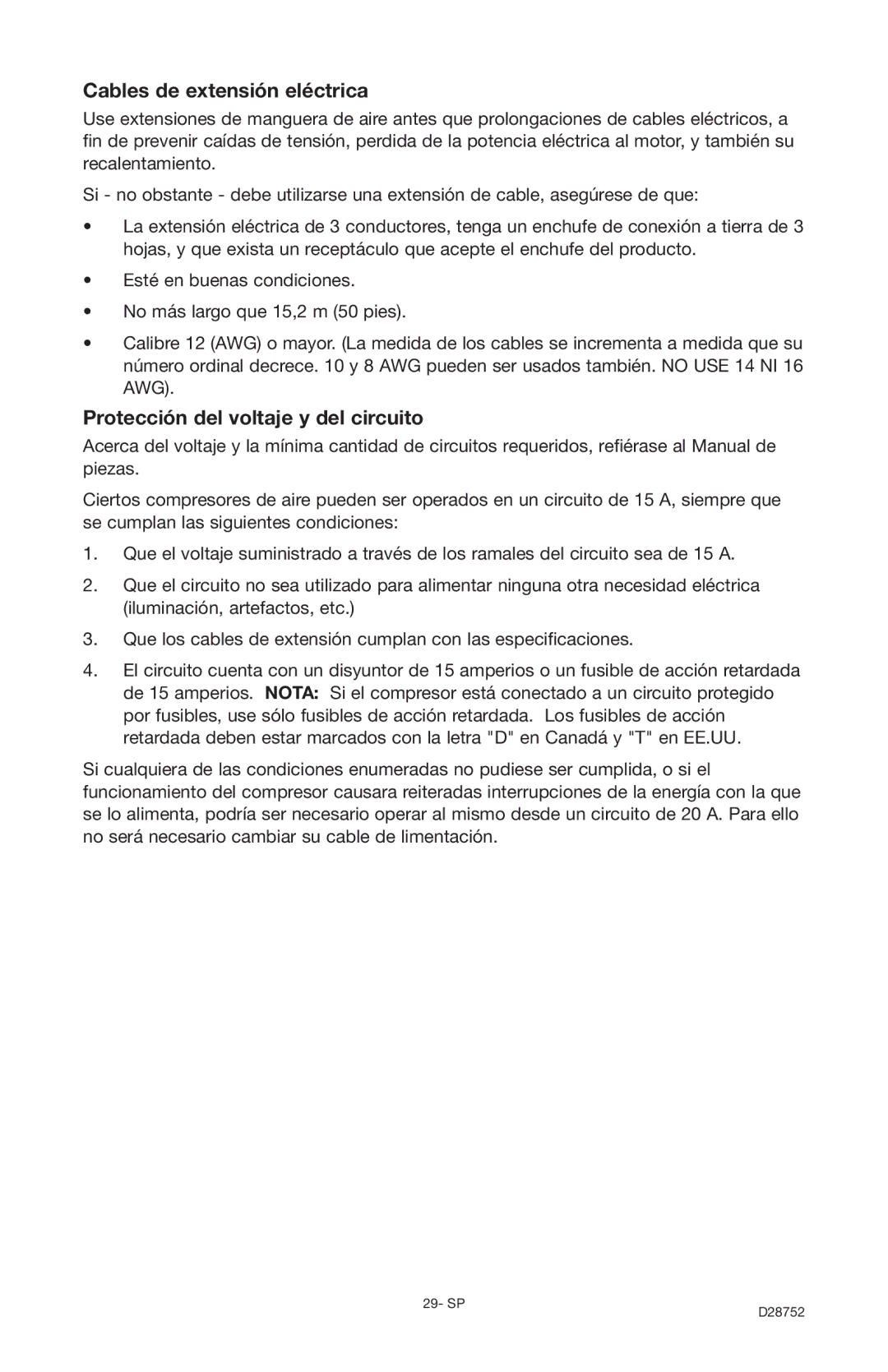 Husky D28752 manual Cables de extensión eléctrica, Protección del voltaje y del circuito 