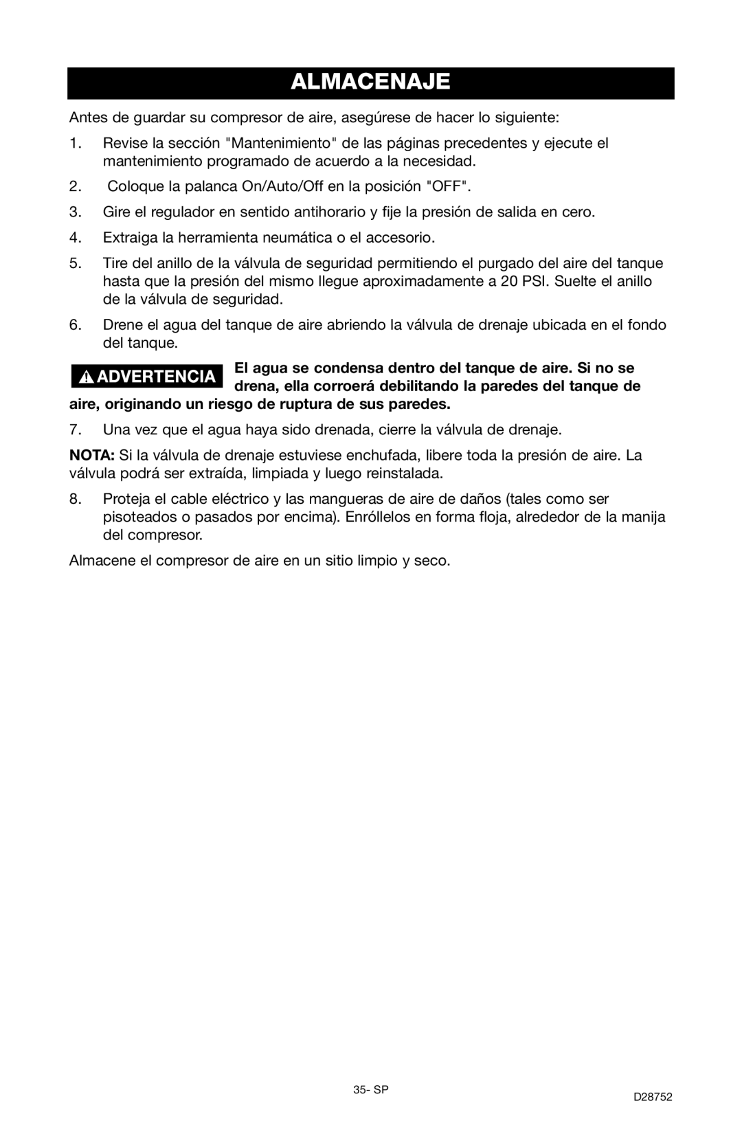 Husky D28752 manual Almacenaje, Aire, originando un riesgo de ruptura de sus paredes 