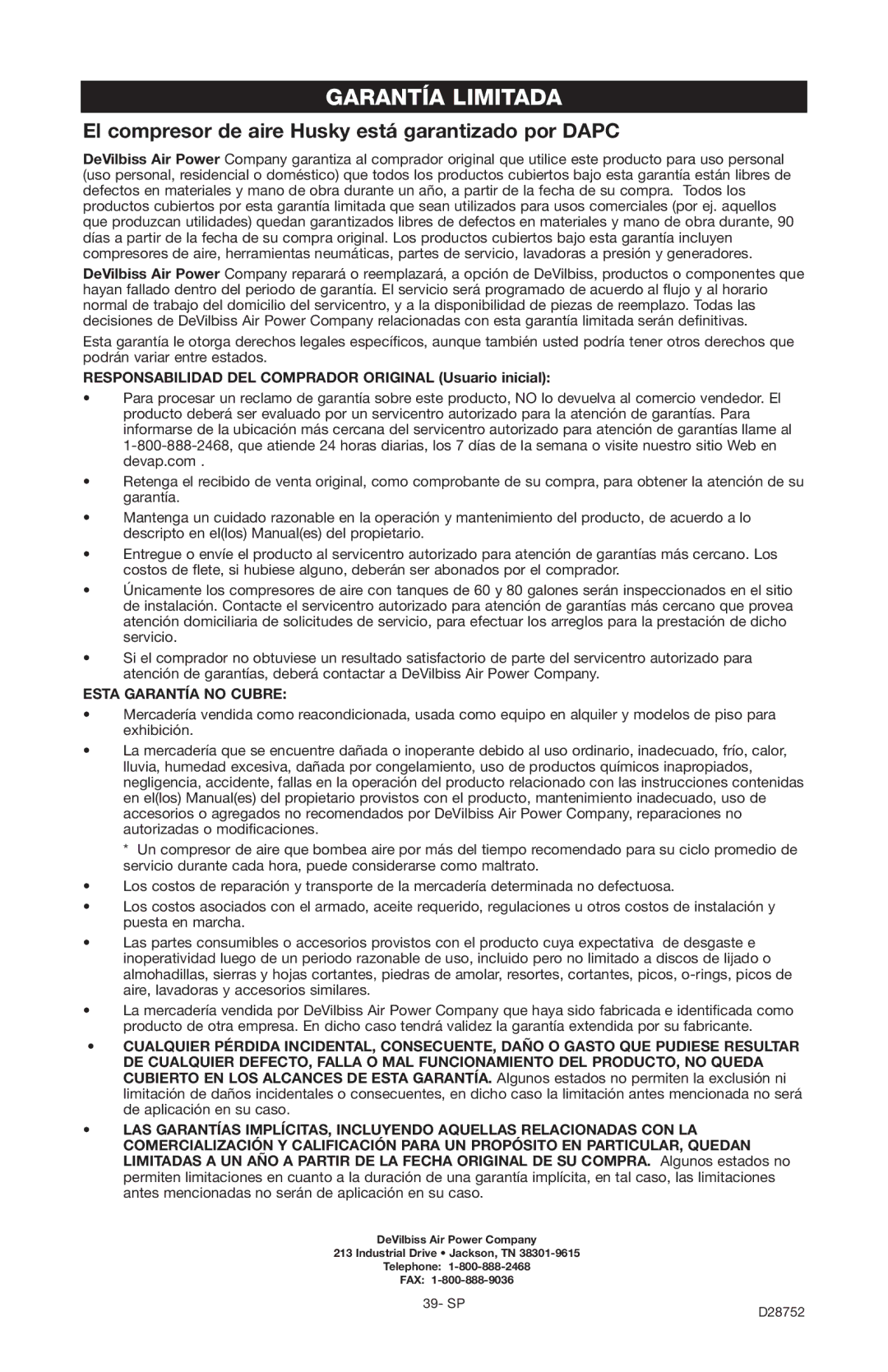 Husky D28752 manual Garantía Limitada, El compresor de aire Husky está garantizado por Dapc 