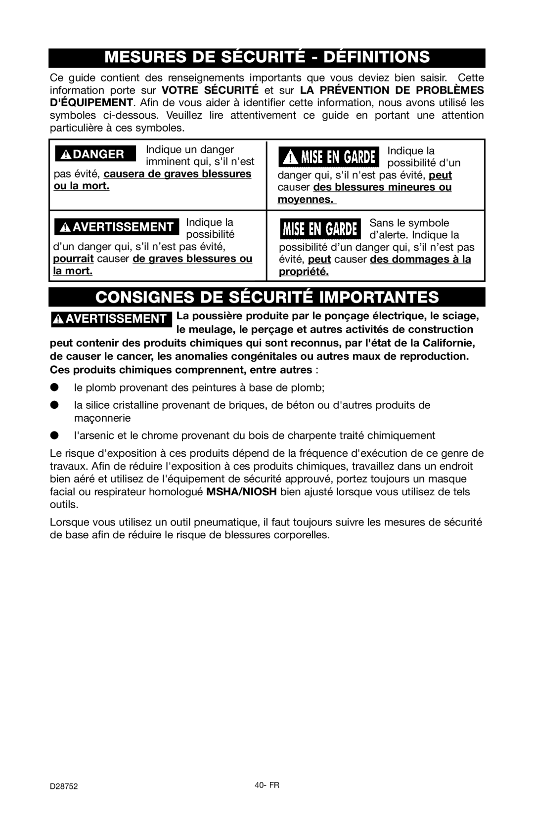 Husky D28752 Mesures DE Sécurité Définitions, Consignes DE Sécurité Importantes, Évité, peut causer des dommages à la 