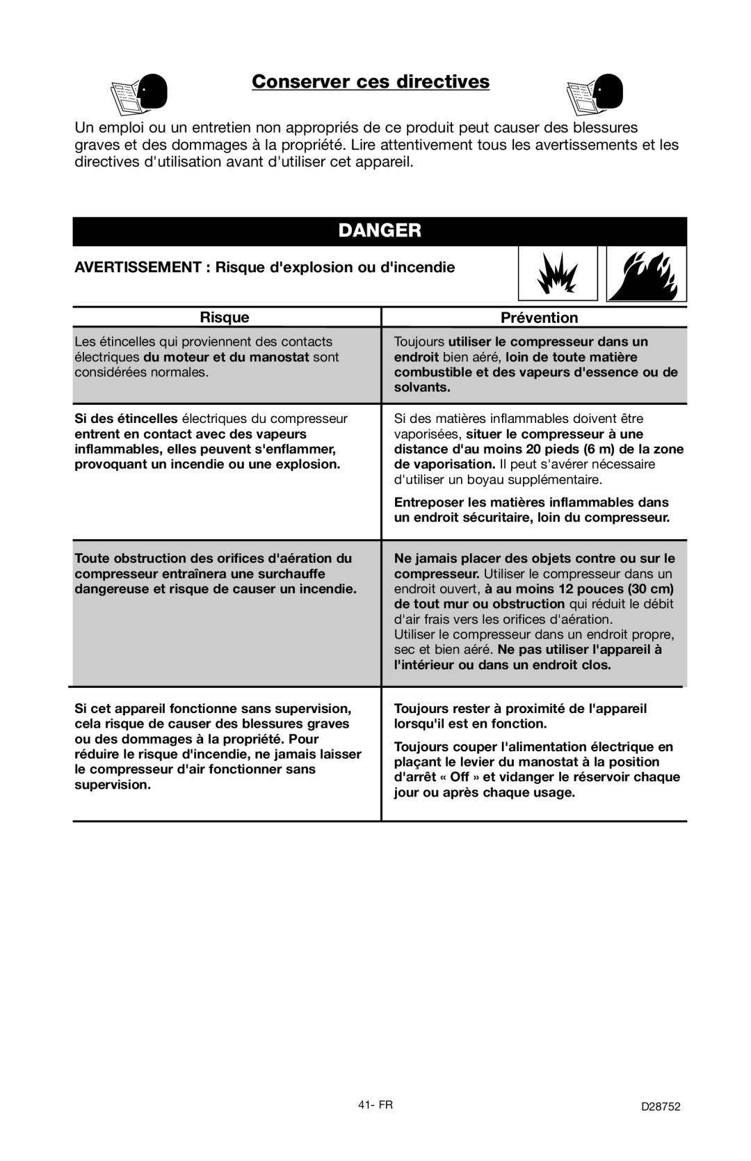 Husky D28752 manual Conserver ces directives, Avertissement Risque dexplosion ou dincendie Prévention 