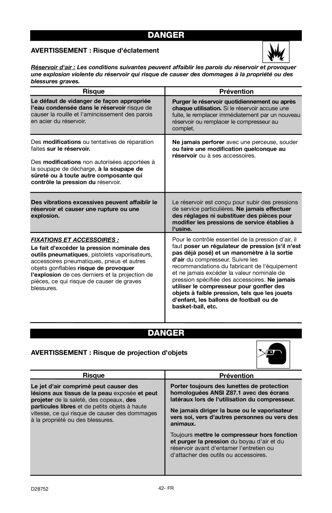 Husky D28752 manual Avertissement Risque déclatement, Risque Prévention, Avertissement Risque de projection dobjets 