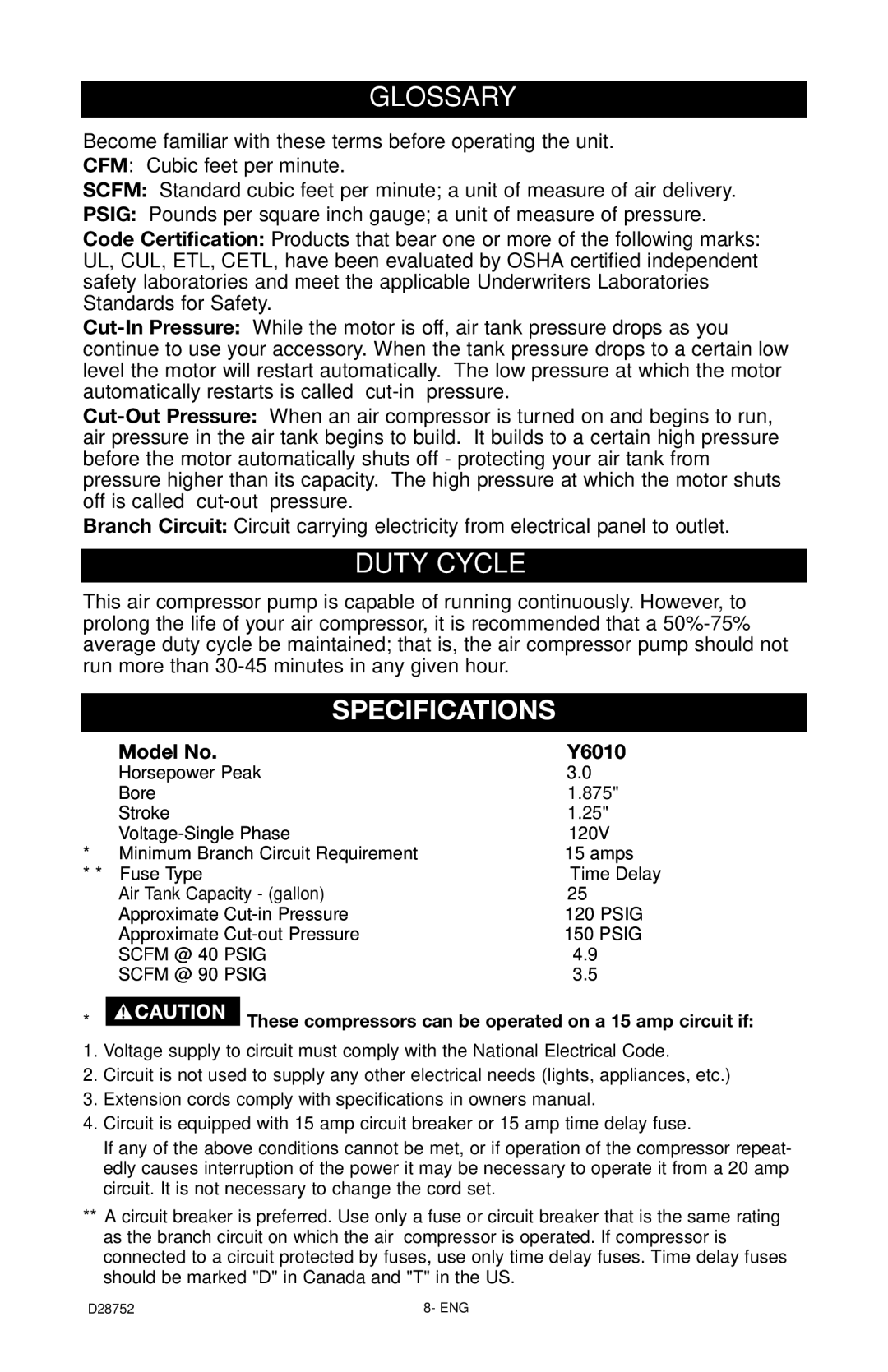 Husky D28752 manual Glossary, Duty Cycle, Specifications, Model No Y6010 