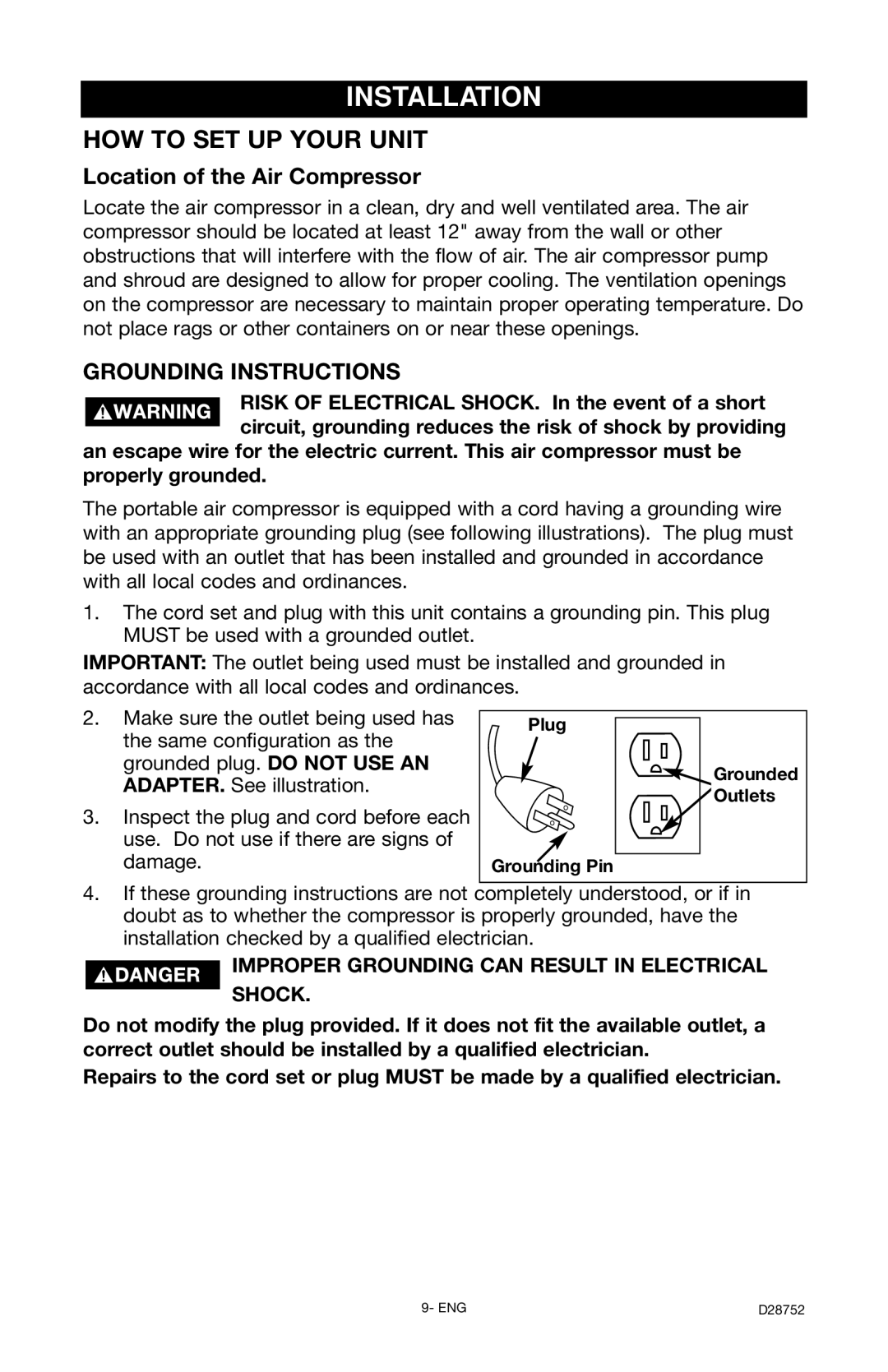 Husky D28752 manual Installation, Location of the Air Compressor, Plug Grounding Pin Grounded Outlets 