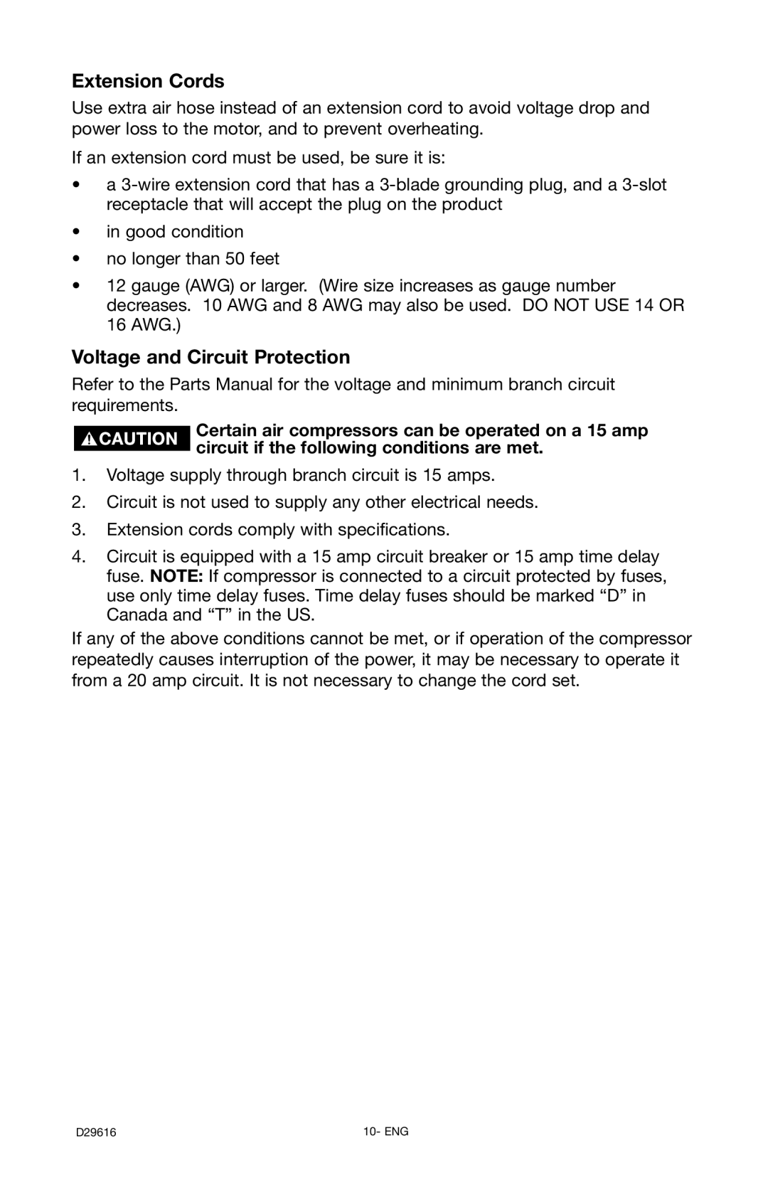 Husky D29616 manual Extension Cords, Voltage and Circuit Protection 