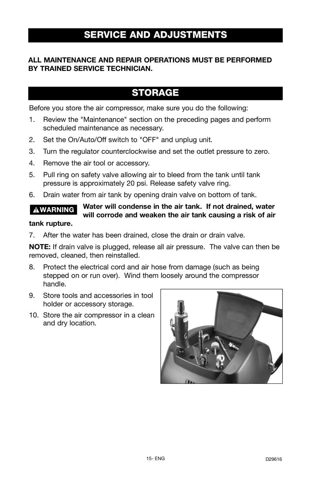 Husky D29616 manual Service and Adjustments, Storage 